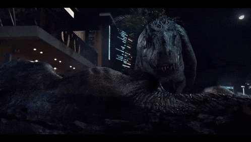 two dinosaurs are standing next to each other in front of a building with a sign that says ' t. rex ' on it