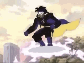 a cartoon character is flying through the air