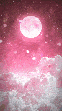 a pink background with a full moon and clouds in the sky
