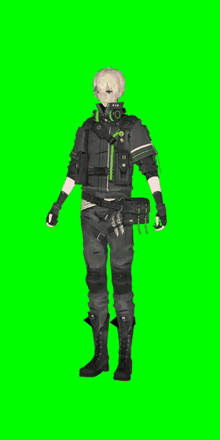 a video game character is standing in front of a green background