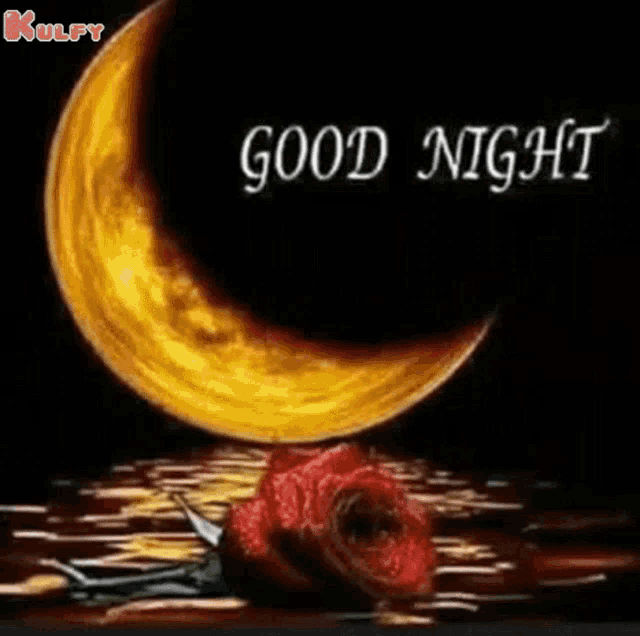 a good night greeting card with a crescent moon and a red rose