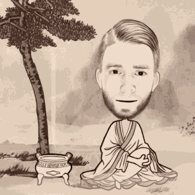 a cartoon drawing of a man with a beard sitting in front of a tree