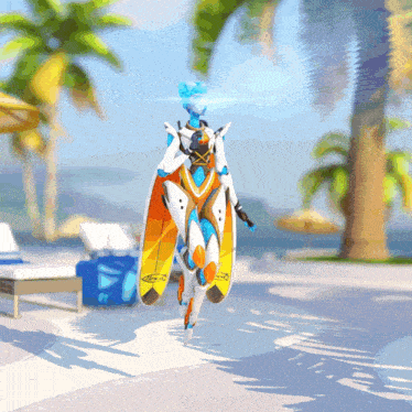 a robot with a surfboard on its back that says a on it