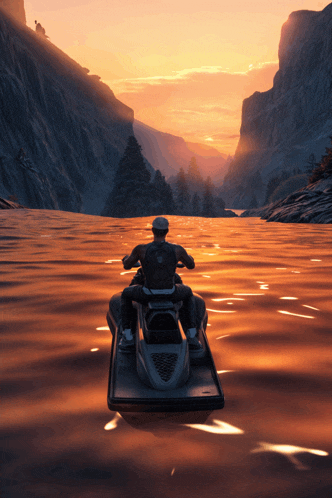 a man is riding a jet ski on a lake at sunset