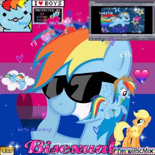 a picture of a rainbow dash wearing sunglasses and a sign that says i love boys protected by rainbow dash