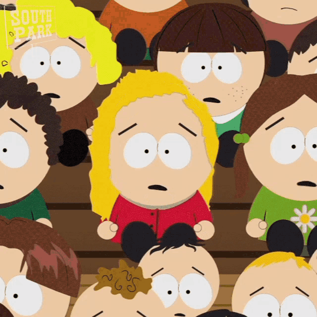 a group of south park characters are gathered together in a crowd