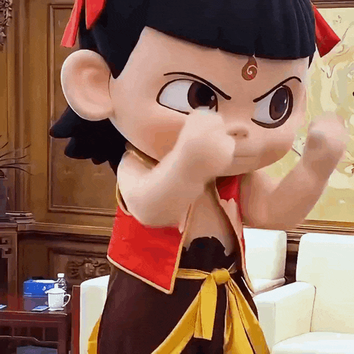 a cartoon character is standing in a room with a chair
