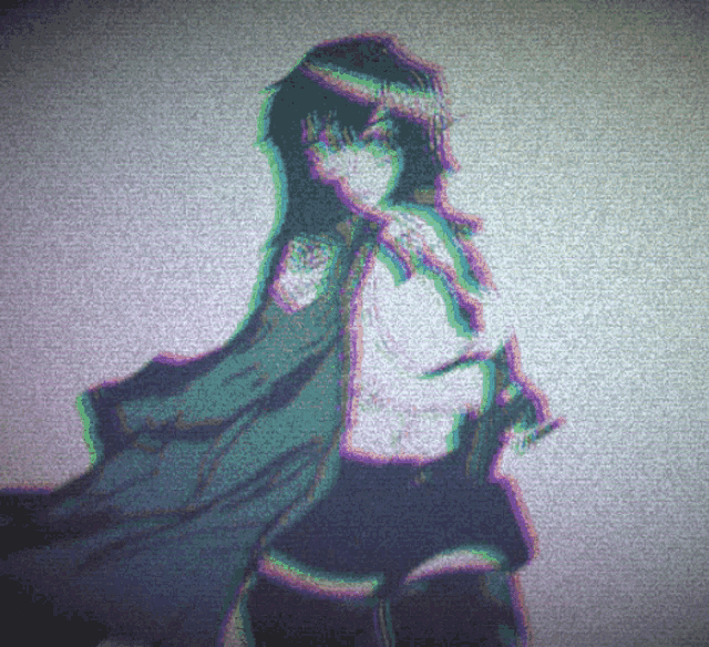 a purple and green image of a person with a cape