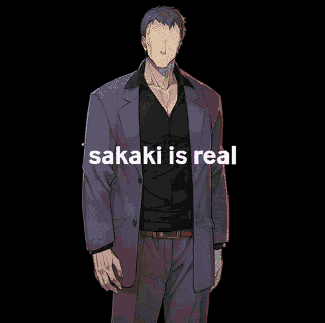 a man with his arms outstretched has sakaki is real written on his chest