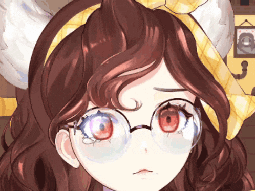 a close up of a girl with red eyes wearing glasses