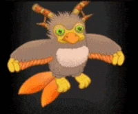 a cartoon owl with horns and yellow feet is flying in the air .