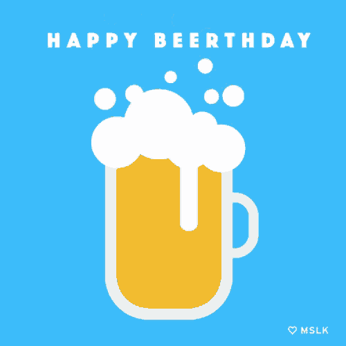 a happy beerthday greeting card with a mug of beer on a blue background