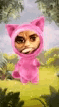 a man in a pink cat costume is standing in a field .