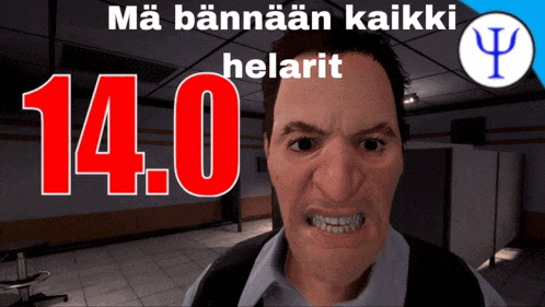 a man with a very angry look on his face with the words ma bannnaan kaikki helarit 14.0 behind him