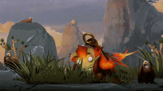 a cartoon character is standing in the grass with two eagles nearby