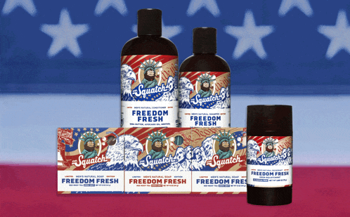 several bottles of squatchy freedom fresh products