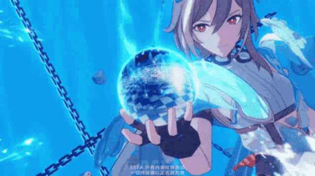 a girl with red eyes is holding a blue ball in her hand