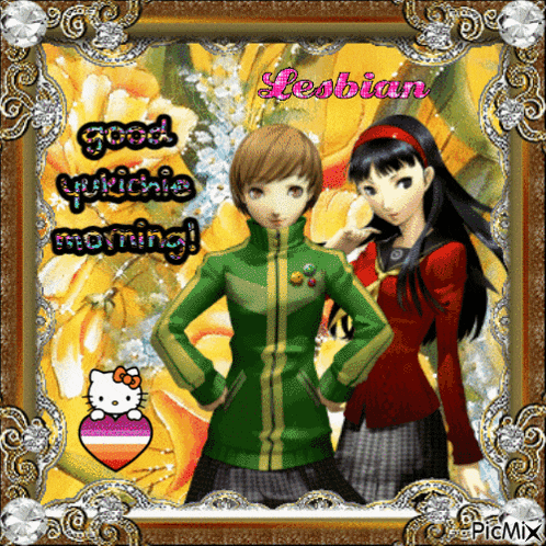 a picture of two anime girls with the words " lesbian good yukidie morning "