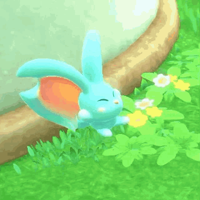 a cartoon rabbit is laying in the grass with a flower in its mouth