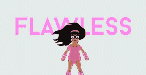 a cartoon girl in a pink bodysuit is standing in front of a sign that says flawless