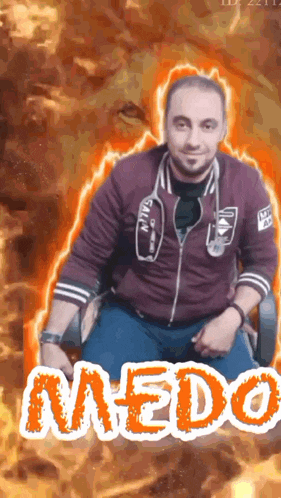 a man in a maroon jacket is sitting in a chair with the word naedo written in orange