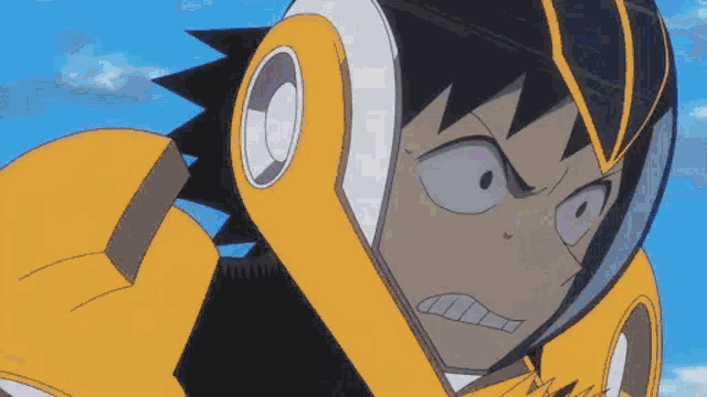 a cartoon character is wearing a yellow helmet