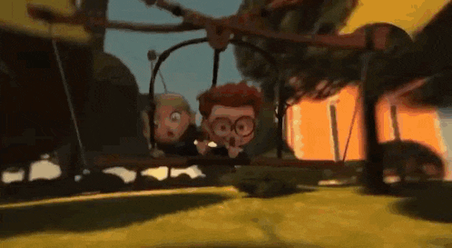 two cartoon characters are riding a hot air balloon in a park .