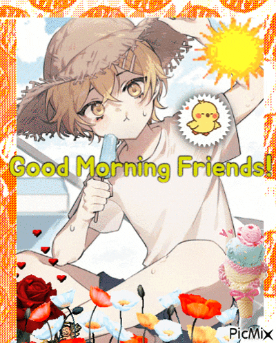 a picture of a boy holding a popsicle with the words good morning friends