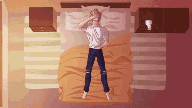 a drawing of a man laying on a bed with his hand on his face