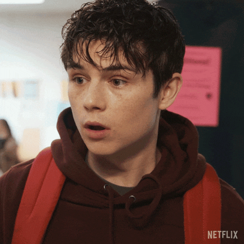 a young man wearing a hoodie and a red backpack has a netflix logo on his back