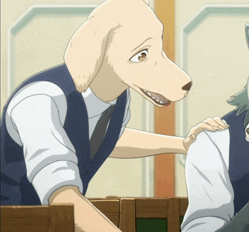 a cartoon of a man with a dog 's head on his back