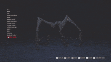 a screenshot of a video game shows a monster and a menu of options including hide list