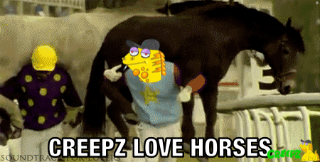 a creepz love horses animated image with a man standing next to a horse