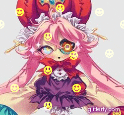 a girl with pink hair and smiley faces on her face
