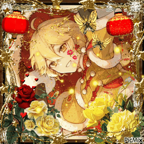a picture of a girl surrounded by yellow roses and red lanterns with the words picmix on the bottom