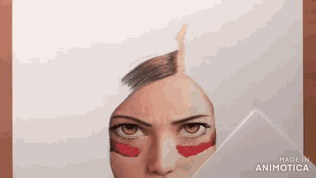 a close up of a drawing of a woman 's face with red spots on her face .