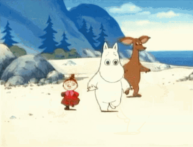 a group of cartoon characters are walking on a beach with mountains in the background .