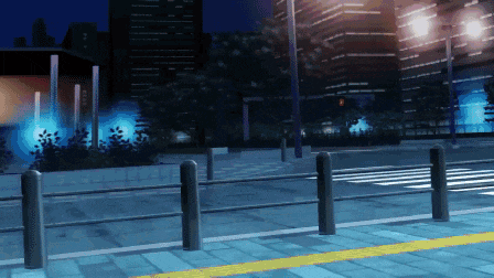 a pixelated image of a city street at night with a yellow line on the sidewalk