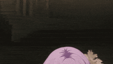 a girl with purple hair is wearing a mask and a necklace