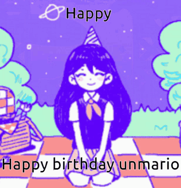a cartoon of a girl wearing a party hat with the words happy birthday unmario