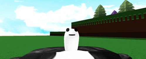 a cartoon character is standing in a field with trees and a fence