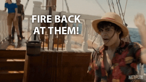 a man on a boat with the words fire back at them above him