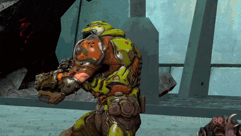 a video game character has the word doomguy on the bottom