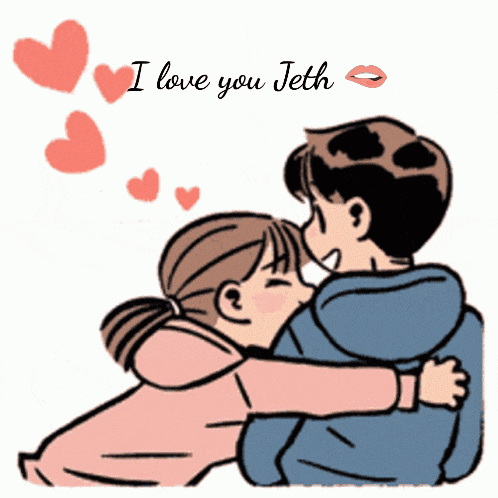 a cartoon of a boy and a girl hugging with the words i love you jeth below them