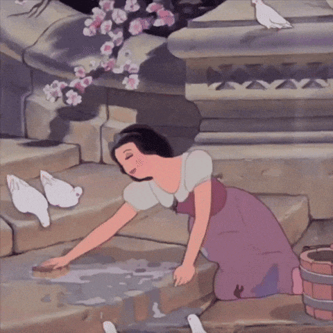 snow white from snow white and the seven dwarfs is cleaning the floor with a bucket