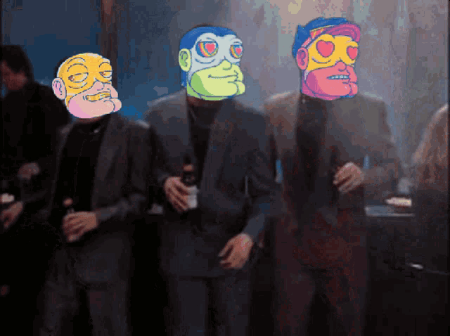 a group of men in suits with colorful faces on their faces