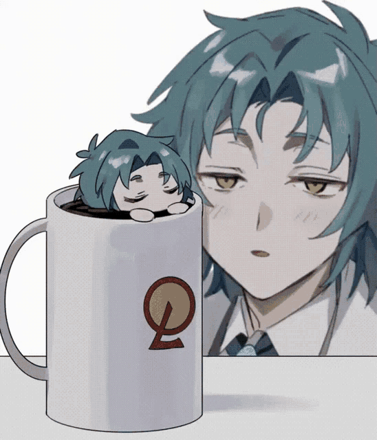 a drawing of a boy with blue hair sleeping in a cup with the letter q on it