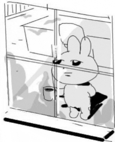 a black and white drawing of a bunny holding a cup of coffee .