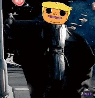 a man with a cartoon face on his head stands in front of a star wars background