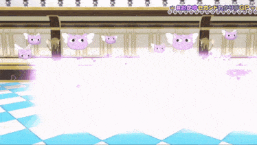 a room with purple cats and the words gp on the top